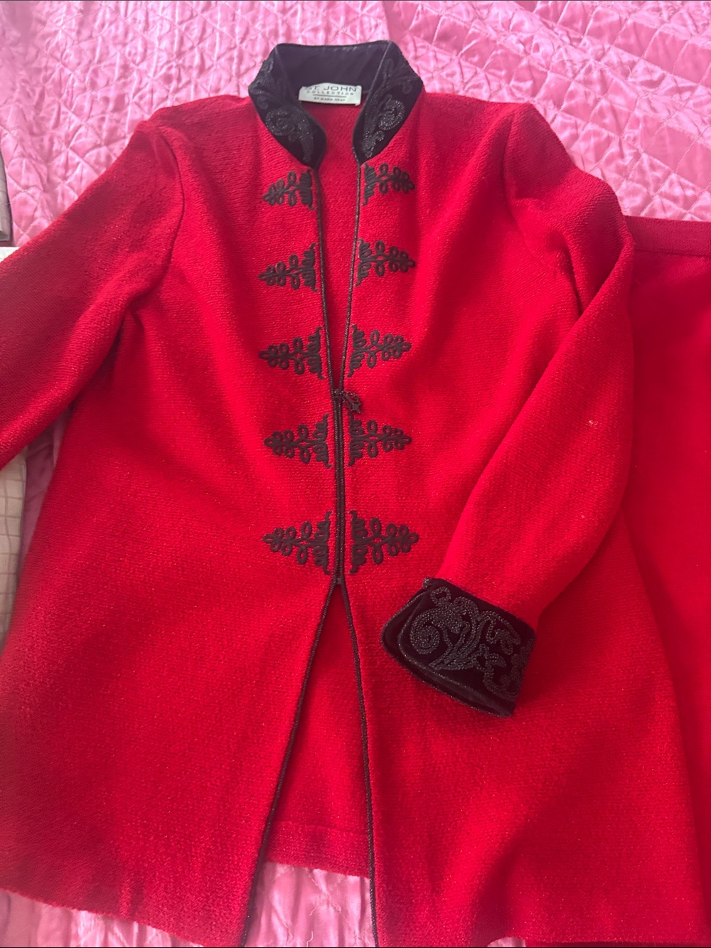 St. John Collection Red Wool Jacket with Black Embroidered Trim